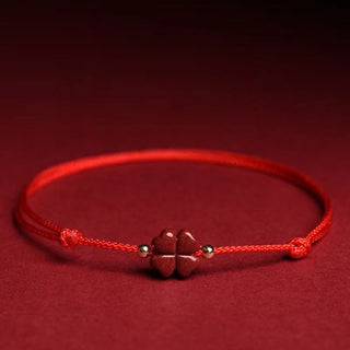 Buddha Gift Natural Cinnabar Four Leaf Clover Blessing Red String Bracelet Anklet