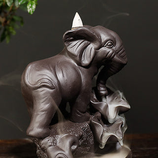 Buddha Gift Tibetan Elephant Purple Clay Backflow Smoke Fountain Peace Healing Incense Burner Decoration