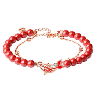 Buddha Gift 925 Sterling Silver Lucky Koi Fish Cinnabar Zircon Prosperity Double Layer Chain Bracelet