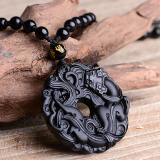 Buddha Gift Natural Black Obsidian Peace Buckle Pixiu Purification Necklace Pendant