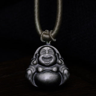 Buddha Gift Natural Silver Sheen Obsidian Laughing Buddha Protection Necklace Pendant