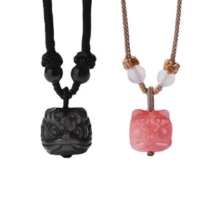 Buddha Gift Natural Silver Sheen Obsidian Red Agate Dancing Lion Protection Necklace Pendant