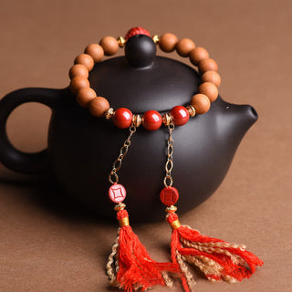 Buddha Gift Tibetan Natural Peach Wood Cinnabar PiXiu Wealth Tassels Bracelet