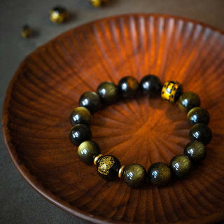 Buddha Gift Chinese Zodiac Natal Buddha Gold Sheen Obsidian Wealth Protection Bracelet