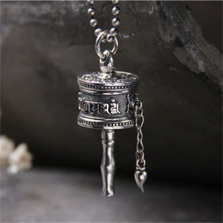Buddha Gift 925 Sterling Silver Om Mani Padme Hum Prayer Wheel Purity Rotatable Necklace Pendant