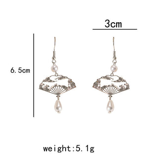 Buddha Gift Copper Fan Auspicious Clouds Pearl Healing Drop Earrings