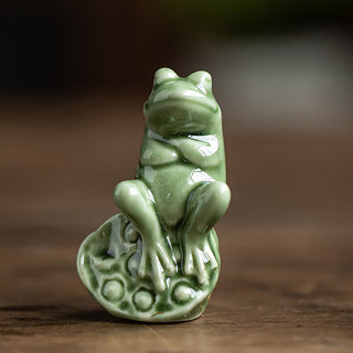 Buddha Gift Mini Small Meditation Lotus Resting Frog Ceramic Wealth Luck Home Tea Pet Figurine Decoration