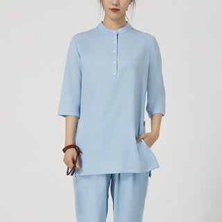 Buddha Gift 2Pcs Solid Color Three Quarter Shirt Top Pants Meditation Zen Tai Chi Cotton Linen Clothing Women's Set