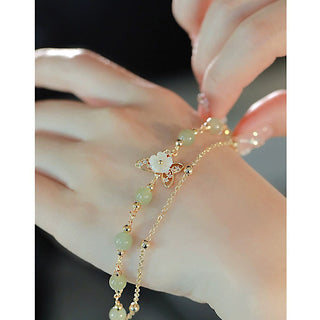Buddha Gift 14K Gold Plated Jade Butterfly Tridacna Stone Flower Double Layer Luck Bracelet