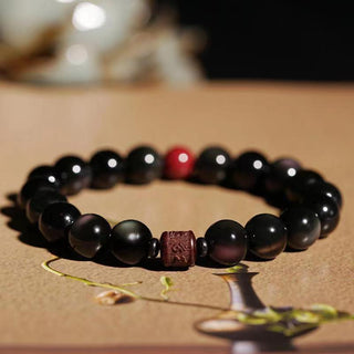 Buddha Gift Natural Gold Sheen Obsidian Rainbow Obsidian Om Mani Padme Hum Fu Character Healing Bracelet