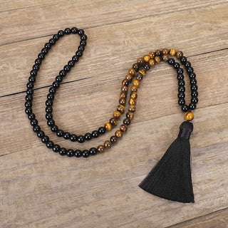 Buddha Gift Tibetan Black Onyx Tiger Eye Protection Necklace Mala Set
