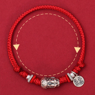 Buddha Gift 925 Sterling Silver PiXiu Fu Character Wealth Luck Handmade Braided Bracelet