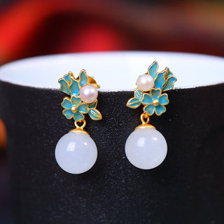 Buddha Gift White Jade 925 Sterling Silver Pearl Flower Blessing Necklace Pendant Ring Earrings