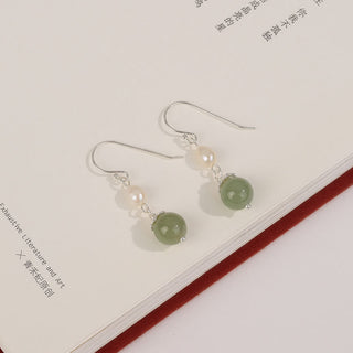Buddha Gift 925 Sterling Silver Natural Pearl Jade Wisdom Earrings