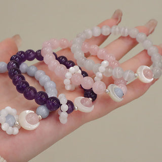 Buddha Gift 925 Sterling Silver Natural Amethyst Aquamarine Pink Crystal Cat's Eye Healing Crescent Moon Bracelet