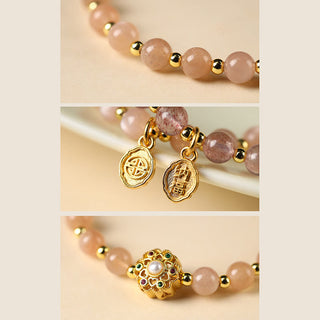 Buddha Gift 14K Gold Plated Natural Strawberry Quartz Labradorite Sun Stone Fu Character Positive Charm Bracelet