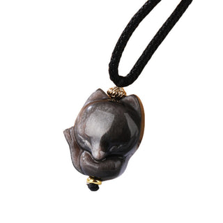 Buddha Gift Natural Silver Sheen Obsidian Nine Tailed Fox Protection Necklace Pendant