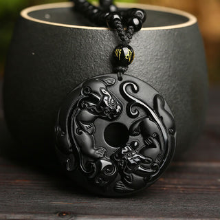 Buddha Gift Natural Black Obsidian Peace Buckle Pixiu Bead Rope Strength Necklace Pendant