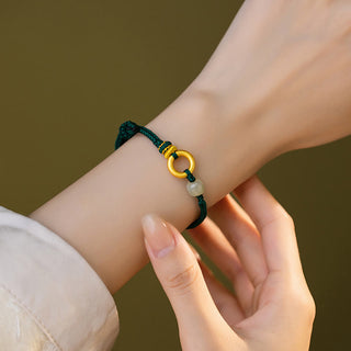 Buddha Gift 999 Sterling Silver Peace Buckle Hetian Jade Bead Luck Green Rope Braided Bracelet