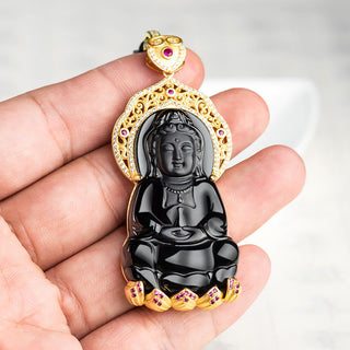Buddha Gift 925 Sterling Silver Natural Black Jade Kwan Yin Avalokitesvara Wealth Necklace Pendant