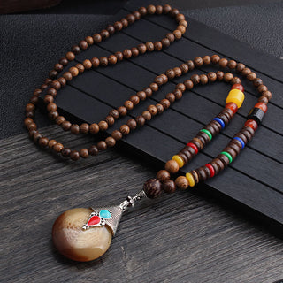 Buddha Gift Tibetan Wenge Wood Bodhi Seed Agate Balance Peace Necklace Pendant