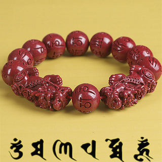 Buddha Gift Natural Double PiXiu Cinnabar Om Mani Padme Hum Wealth Luck Bead Bracelet