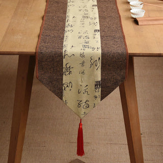 Buddha Gift Classic Chinese Style Lotus Koi Fish Flower Crane Calligraphy Enlightenment Cotton Linen Tassels Table Runner
