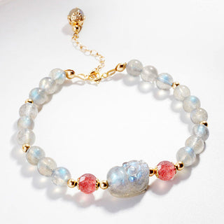 Buddha Gift Moonstone Strawberry Quartz PiXiu Healing Bracelet