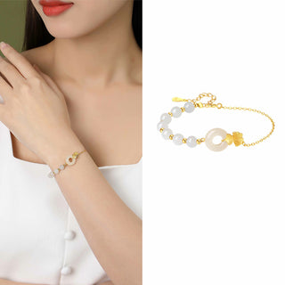 Buddha Gift 925 Sterling Silver Hetian White Jade Peace Buckle Ginkgo Leaf Luck Bracelet