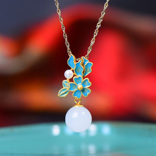Buddha Gift White Jade 925 Sterling Silver Pearl Flower Blessing Necklace Pendant Ring Earrings