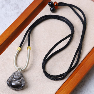 Buddha Gift Natural Silver Sheen Obsidian Laughing Buddha Protection Necklace Pendant
