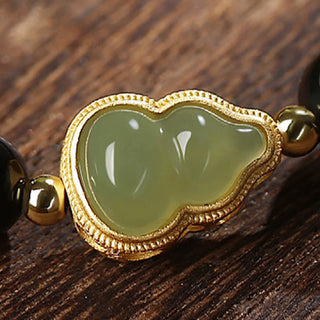 Buddha Gift Natural Black Obsidian Hetian Jade Gourd Double Happiness Strength Bracelet