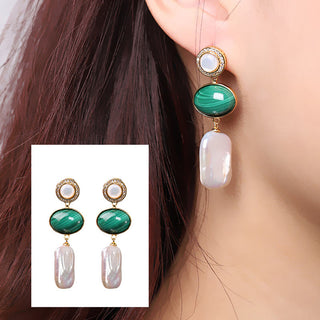 Buddha Gift 925 Sterling Silver Natural Baroque Pearl Malachite Healing Wisdom Drop Earrings