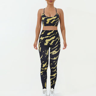 Buddha Gift 2Pcs Camo Print Backless Criss-Cross Strap Top Bra Shorts Leggings Pants Fitness Yoga Outfit Set