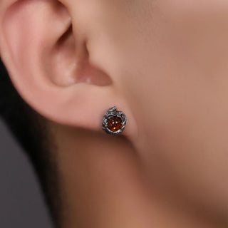 Buddha Gift 925 Sterling Silver Natural Amber Dragon Success Protection Stud Earring