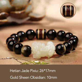 Buddha Gift Natural Gold Sheen Obsidian Hetian Cyan Jade White Jade PiXiu Wealth Bracelet