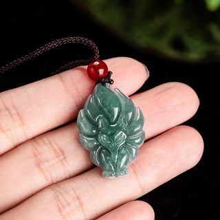 Buddha Gift Natural Green Jade Nine Tailed Fox Luck Necklace Pendant