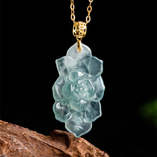 Buddha Gift 18K Gold Natural Jade Lotus Pattern Prosperity Necklace Pendant