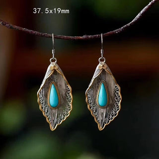 Buddha Gift 925 Sterling Silver Turquoise Bodhi Leaf Pattern Protection Drop Dangle Earrings