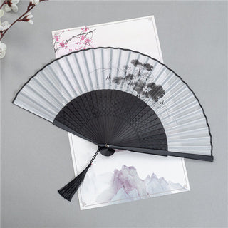 Buddha Gift Mountains Plum Blossom Lotus Magpie Bamboo Leaves Handheld Silk Bamboo Folding Fan 22.5cm