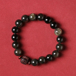 Buddha Gift Natural Gold Sheen Obsidian Rainbow Obsidian Om Mani Padme Hum Fu Character Healing Bracelet