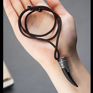 Buddha Gift 925 Sterling Silver Black Obsidian Wolf Tooth Pattern Strength Necklace Pendant
