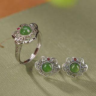 Buddha Gift 925 Sterling Silver Natural Hetian Cyan Jade Hollow Design Luck Ring Earrings Set