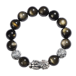 Buddha Gift 925 Sterling Silver Natural Gold Sheen Obsidian PiXiu Wealth Protection Bracelet