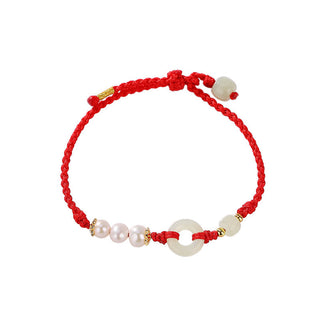 Buddha Gift 925 Sterling Silver Plated Gold Hetian Jade Peace Buckle Pearl Luck Bracelet