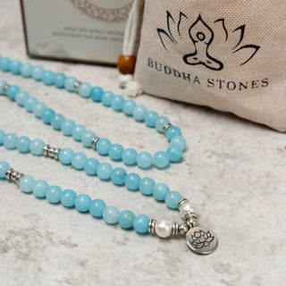 Buddha Gift Natural Amazonite Stone Healing Lotus Mala Bracelet