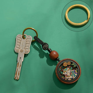 Buddha Gift Year Of The Dragon Hand Painted Chinese Zodiac Rosewood Carved Calm Key Chain