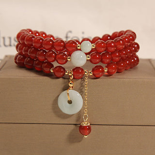 Buddha Gift Natural Red Agate Jade Peace Buckle Calm Triple Wrap Bracelet