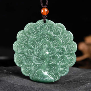 Buddha Gift Natural Jade Peacock Luck Prosperity Necklace Pendant