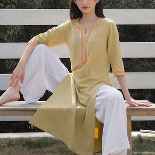 Buddha Gift 2Pcs V-neck Embroidery Yoga Clothing Zen Meditation Cotton Linen Top Pants Women's Set